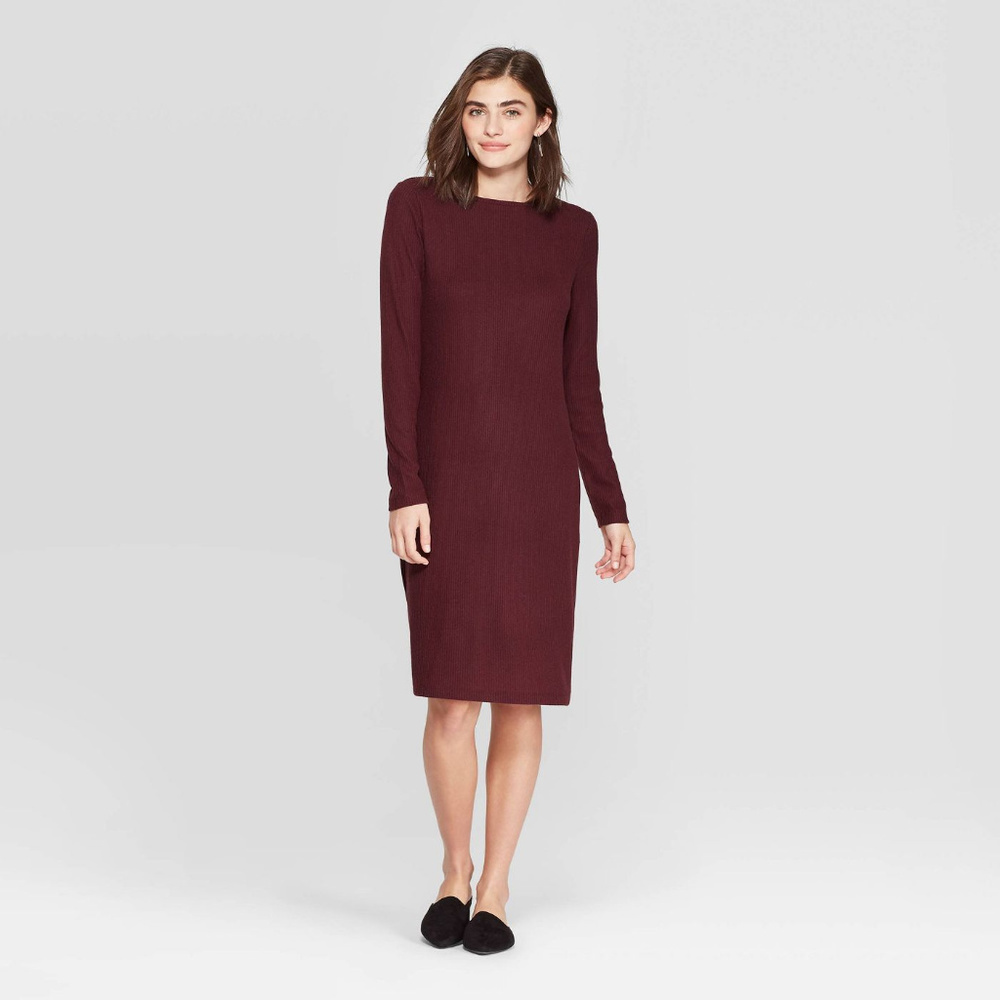 Long Sleeve Crewneck Rib Knit Dress~ Burgundy